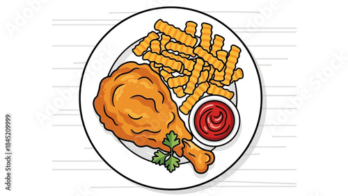 Delicious crispy fried chicken with crunchy French fries and tangy ketchup served on a white plate