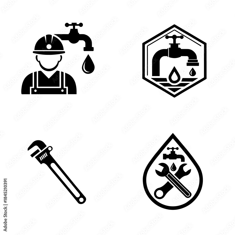 Fototapeta premium Plumbing Service Icons Set – Water Tap, Plumber, Pipe Wrench and Repair Symbols