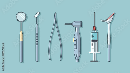 Detailed illustration of dental tools including mirror probe tweezers drill syringe and turbine