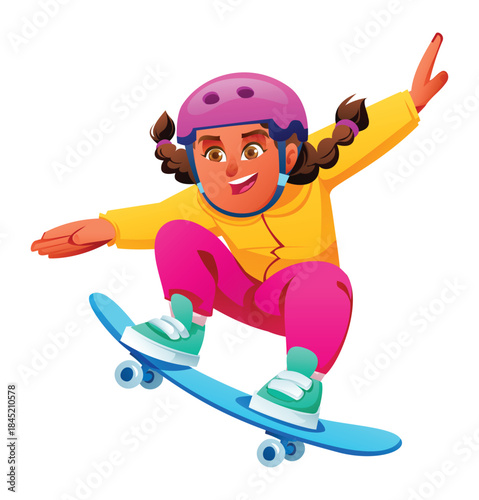 Young girl playing skateboard, wearing helmet and jacket doing a mid-air jump trick with arms spread wide on white background isolated. Vector cartoon illustration