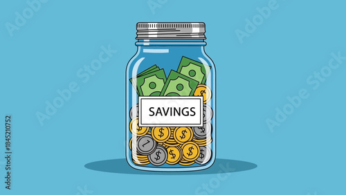 Digital Illustration of a Savings Jar Filled with Currency Symbols and Money for Financial Growth