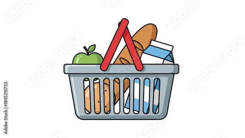 Digital illustration of a shopping basket filled with groceries including vegetables and packaged