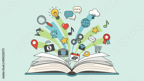 Digital Learning and Knowledge Sharing Concepts Illustrated with Open Book and Floating Icons