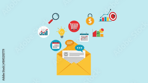 Digital marketing strategy and communication tools illustrated with email and analytics icons