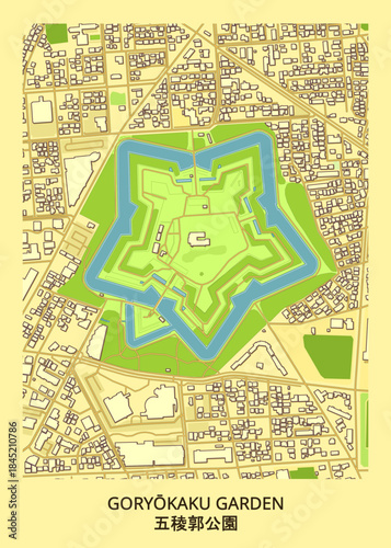 Map of Goryokaku Garden, a star-shaped fort in Hakodate, Japan. The fort is surrounded by a moat filled with water, depicted in blue. The interior of the fort is green