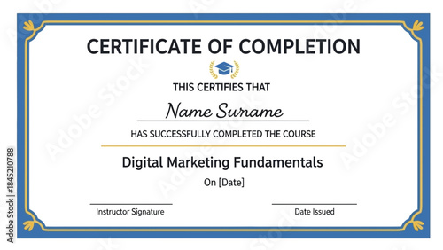 Digital Marketing Fundamentals Certification Bright Blue and Gold Design