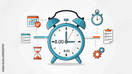 Digital illustration of an alarm clock surrounded by productivity and time management icons