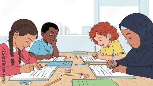 diverse group of children and an adult engaging in educational activities at a classroom table