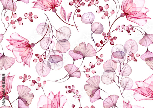 Transparent rose seamless floral pattern. Watercolor pink flowers, grey gingko leaves and vintage berries. Isolated hand drawn background for wallpaper design, textile, fabric