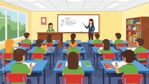 Engaged Classroom Scene Featuring a Teacher Leading a Lesson with Students Taking Notes