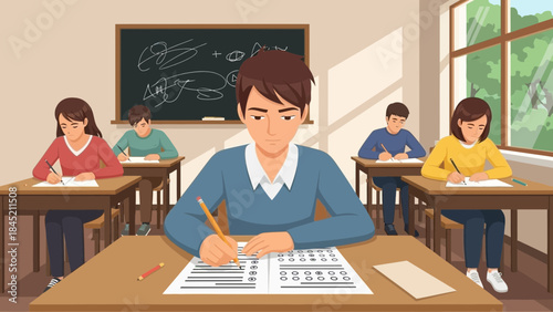 Focused student taking exam in a bright classroom with classmates and chalkboard