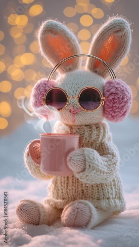 Cute knitted bunny toy wearing earmuffs and holding a pink cup and drinking a hot drink in snowy winter setting with soft glowing bokeh lights. Christmas card footage. 
