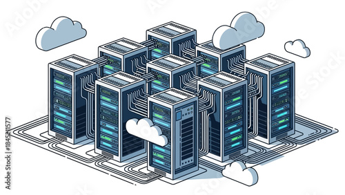 Futuristic cloud-integrated data center with interconnected servers and digital infrastructure