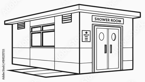 Simple modular shower room building with double doors and window