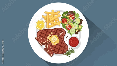 Hearty grilled steak with crispy fries fresh salad and condiments on a white plate
