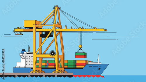 illustration of a cargo ship being loaded at a port with large yellow crane
