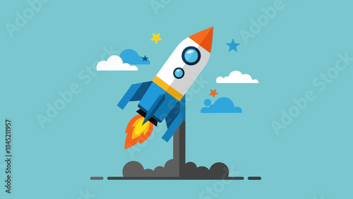 Illustration of a cartoon rocket launching into a clear sky with clouds and stars for space
