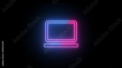 Neon glowing laptop icon with black background 4k
