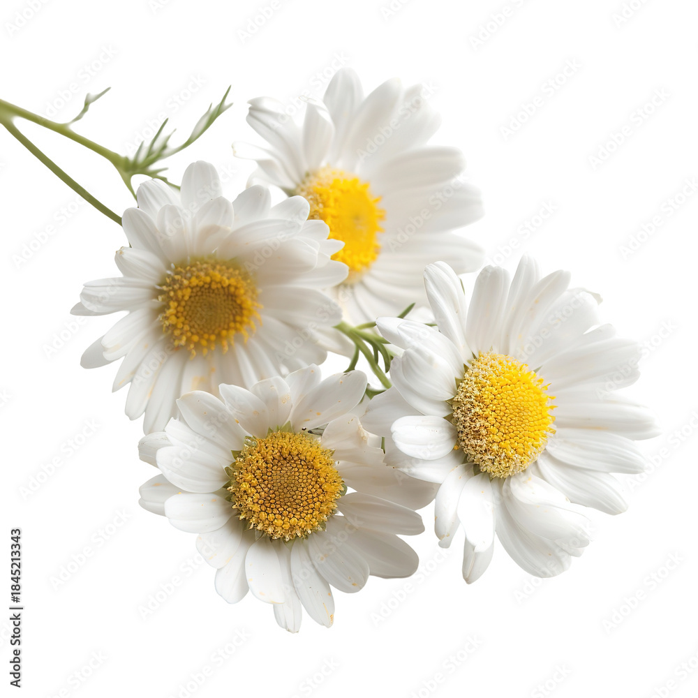 Obraz premium Four white flowers with yellow centers are shown together. They are cut out from their original setting and have a transparent background. This allows the flowers to stand out clearly