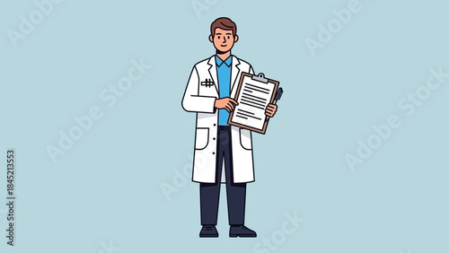 Illustration of a young male doctor holding medical records with a friendly expression
