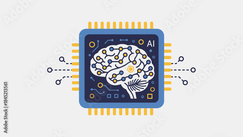 Illustration of an AI Brain Integrated With Microcircuitry on a Tech Chip