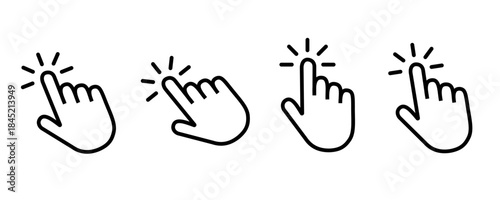 Click cursor icon set vector featuring arrow and hand pointer mouse cursors at different angles, clean minimal design for UI, web, app interfaces, tutorials, and interaction projects.