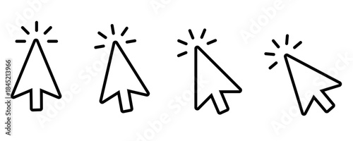 Click cursor icon set vector featuring arrow and hand pointer mouse cursors at different angles, clean minimal design for UI, web, app interfaces, tutorials, and interaction projects.