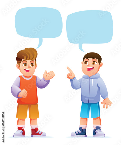 Two boys talking and expressing ideas with speech bubbles, standing and communicating. Isolated. Vector cartoon character illustration
