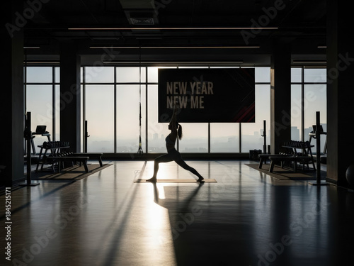 Silhouette of woman practicing yoga in a modern gym with a 