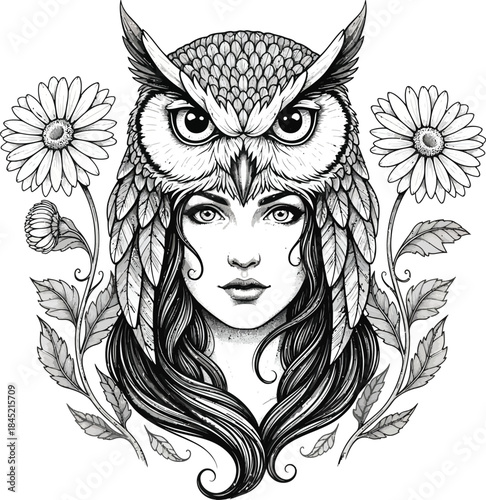 A detailed black and white line art portrait of a beautiful woman wearing an intricate owl headdress flanked by daisies.