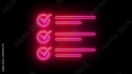 Glowing neon File document icon isolated on black background. Neon line glow Tasks check, checklist icon.