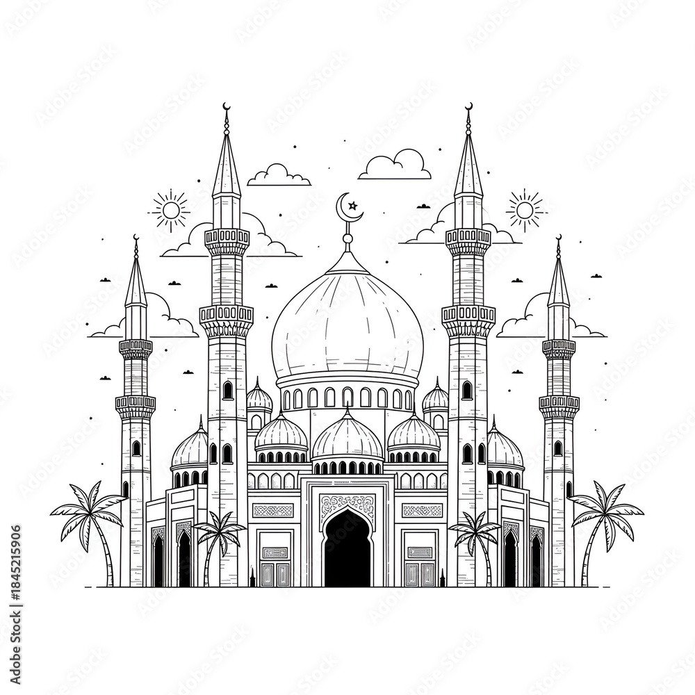 Fototapeta premium Hand Drawn Mosque Islamic Architecture Sketch hand drawn