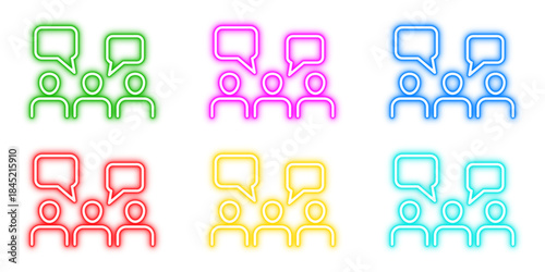 Neon communication icons vector set. Bright glowing outline meeting, debate, and chat symbols against white background.
