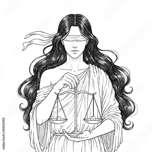 A detailed line art illustration of Lady Justice blindfolded with long flowing hair and holding balanced scales.