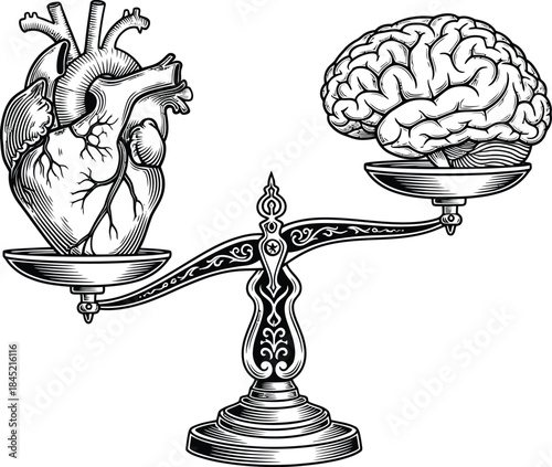 A vintagestyle engraving of an ornate scale perfectly balancing a detailed anatomical human heart and brain symbolizing logic versus emotion.