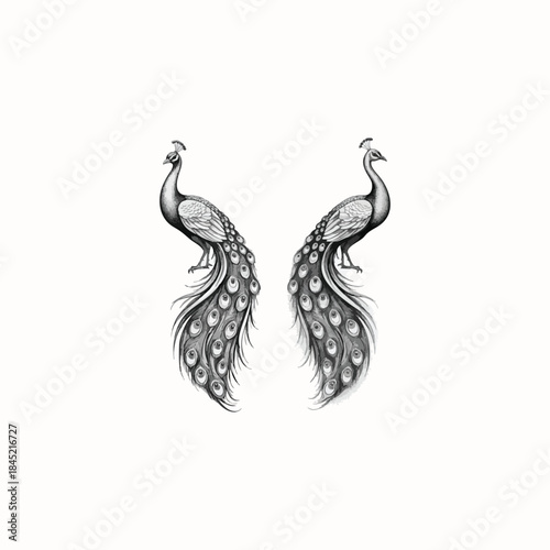 Two symmetrical peacocks facing each other with detailed tail feathers in black and white illustration