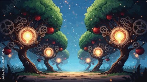 Whimsical illustration of two trees with glowing orbs and gears against a starry night sky with a magical and dreamy mood.