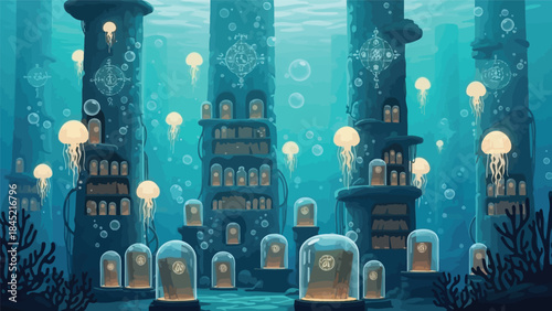 Illustration of an underwater fantasy city with glowing streetlights and buildings amidst seaweed and bubbles in a dark blue ocean
