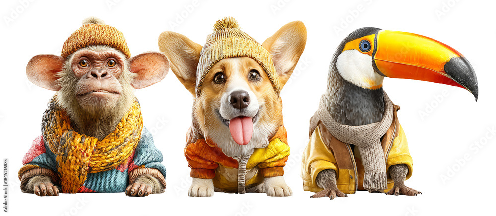 Fototapeta premium Colorblock Animal Fashion in Clean Studio Setting with Bold Looks and Playful Vibes