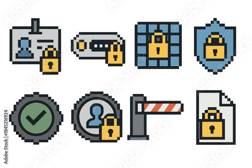 Identity Security Icons. Identity Security Set set of icons in flat pixel vector style: locked ID card, authentication token, encrypted data tile, secure account badge,