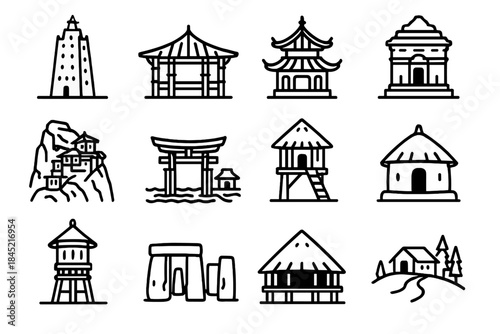 World Landmark Icons. Traditional World Landmarks linear set: mud-brick tower, bamboo hall, incense pavilion, sandstone sanctuary, cliff monastery, coastal shrine, tribal watch hut