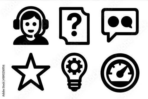 Bold Support Icons. Support Experience Set silhouette set: headset agent, support ticket, communication bubble, rating star, solution indicator, service level meter.