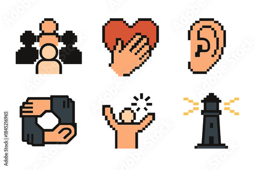 Community Care Icons. Connection & Community Care pixel style set: group circle, empathy heart, listening ear, shared support card, caring gesture, unity loop, encouragement spark,