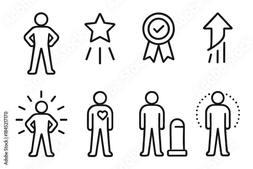 Icons of Personal Achievement. Personal Pride linear set: standing figure, confidence star, achievement badge, uplift arrow, steady stance, glowing aura, fulfilled heart, milestone