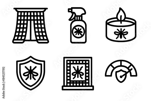 Insect Protection Icons. Insect Protection Items linear set: mosquito net, repellant spray bottle, citronella candle, bug shield icon, window screen, protection gauge.