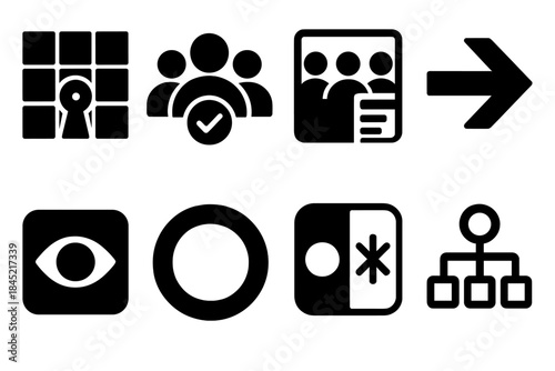 Decision Infrastructure Icons. Open Decision Infrastructure silhouette set: accessible governance grid, community-vote node, protocol transparency bar, shared input arrow,