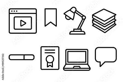 Continuous Learning Icons. Continuous Learning Culture linear set: online course window, bookmark flag, study lamp, note stack, progress bar, certificate symbol, open laptop,