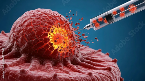 3D illustration of oncolytic virus therapy or vaccine injection into malignant tumor cell