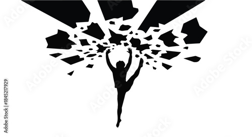 Silhouette of a person reaching up as abstract shapes burst outward, symbolizing growth and achievement.