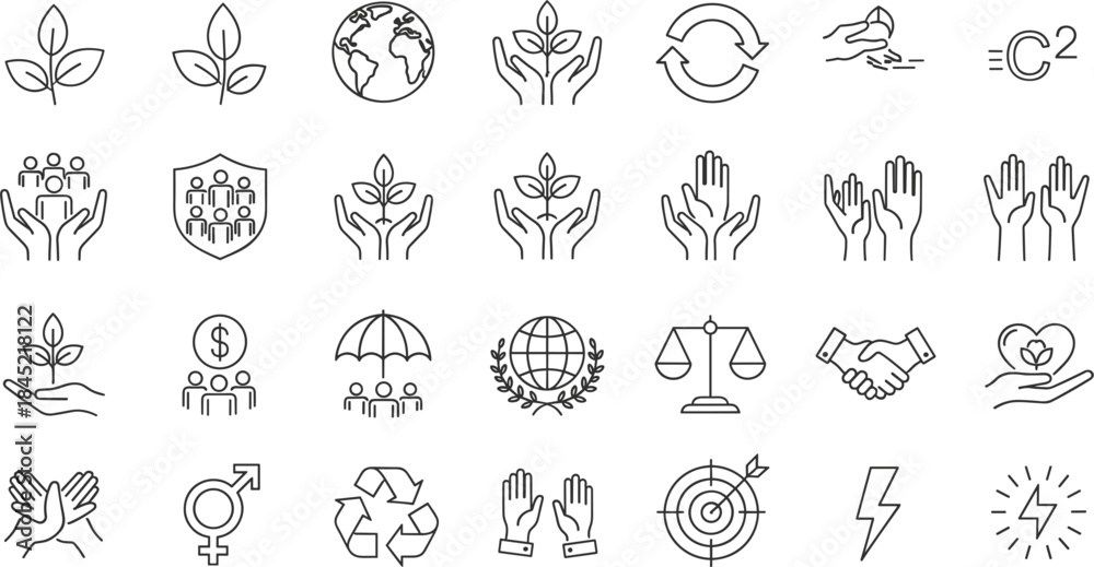Fototapeta premium Diverse collection of line art icons representing environmental and social responsibility concepts Keywords: environment